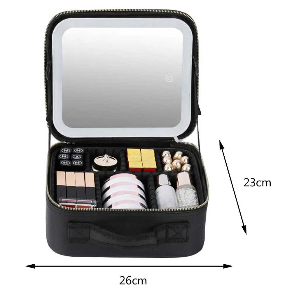Smart LED Cosmetic Case with Mirror Toiletry Bag Portable Large Capacity Fashion Simple PU Leather Casual for Weekend Vacation