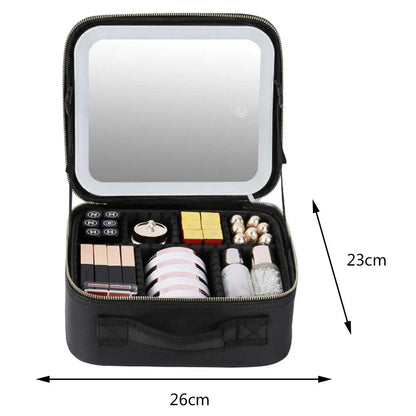 Smart LED Cosmetic Case with Mirror Toiletry Bag Portable Large Capacity Fashion Simple PU Leather Casual for Weekend Vacation