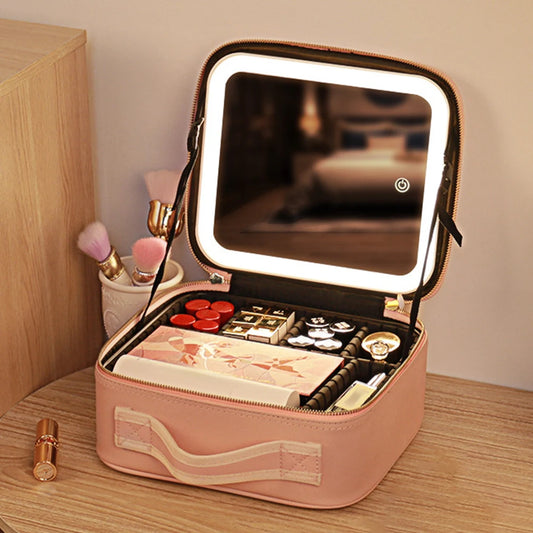 Smart LED Cosmetic Case with Mirror Toiletry Bag Portable Large Capacity Fashion Simple PU Leather Casual for Weekend Vacation