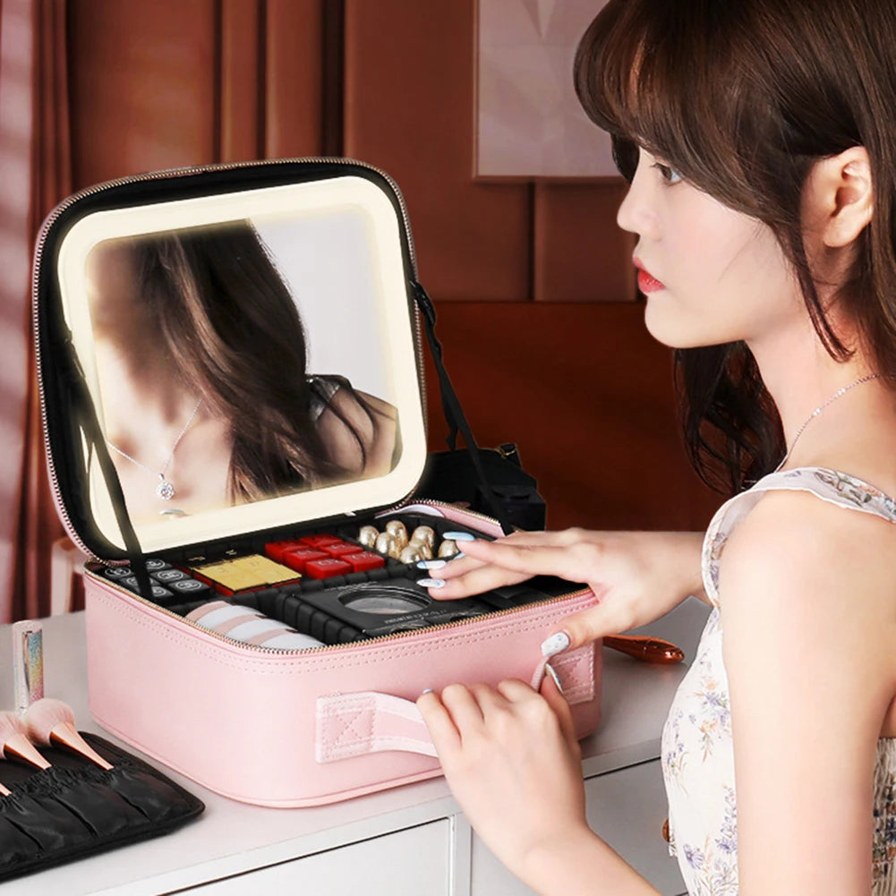Smart LED Cosmetic Case with Mirror Toiletry Bag Portable Large Capacity Fashion Simple PU Leather Casual for Weekend Vacation